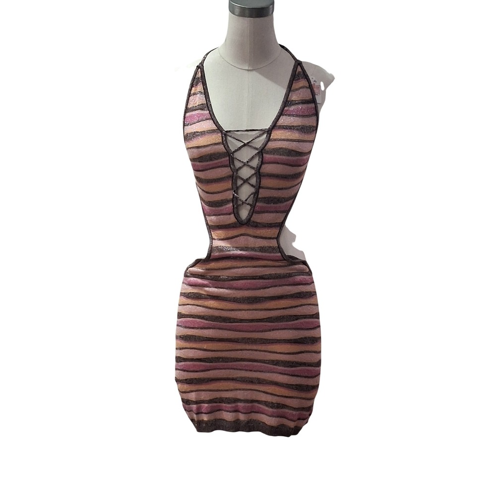 I.AM.GIA Mini Dress WOMENS M/L Pink Striped Lace Up Cut Out Halter Knit GIA13465